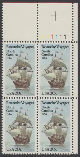 USA Michel 1702 / Scott 2093 postfrisch PLATEBLOCK ECKRAND oben rechts m/ Platten-# A11111 - 400. Jahrestag des 1. Besiedelungsversuchs von North Carolina: Segelschiff Elizabeth