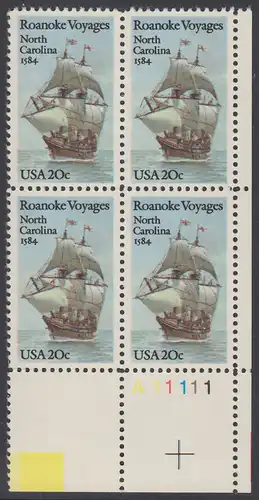 USA Michel 1702 / Scott 2093 postfrisch PLATEBLOCK ECKRAND unten rechts m/ Platten-# A11111 (a) - 400. Jahrestag des 1. Besiedelungsversuchs von North Carolina: Segelschiff Elizabeth