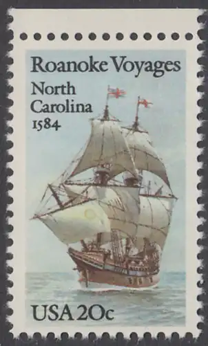 USA Michel 1702 / Scott 2093 postfrisch EINZELMARKE RAND oben - 400. Jahrestag des 1. Besiedelungsversuchs von North Carolina: Segelschiff Elizabeth