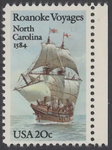 USA Michel 1702 / Scott 2093 postfrisch EINZELMARKE RAND rechts - 400. Jahrestag des 1. Besiedelungsversuchs von North Carolina: Segelschiff Elizabeth