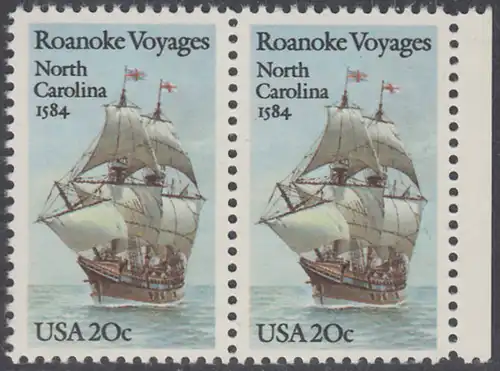 USA Michel 1702 / Scott 2093 postfrisch horiz.PAAR RAND rechts - 400. Jahrestag des 1. Besiedelungsversuchs von North Carolina: Segelschiff Elizabeth