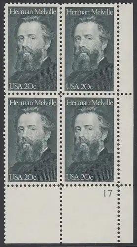 USA Michel 1703 / Scott 2094 postfrisch PLATEBLOCK ECKRAND unten rechts m/ Platten-# 17 - Herman Melville. Schriftsteller