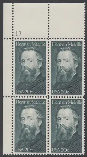 USA Michel 1703 / Scott 2094 postfrisch PLATEBLOCK ECKRAND oben links m/ Platten-# 17 - Herman Melville. Schriftsteller