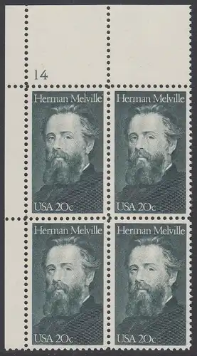 USA Michel 1703 / Scott 2094 postfrisch PLATEBLOCK ECKRAND oben links m/ Platten-# 14 - Herman Melville. Schriftsteller