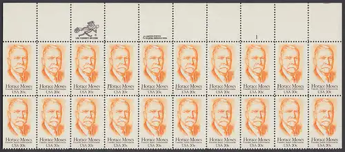 USA Michel 1704 / Scott 2095 postfrisch horiz.PLATEBLOCK(20) RÄNDER oben m/ Platten-# 1 (a1) - Horace A. Moses, Industrieller und Philanthrop