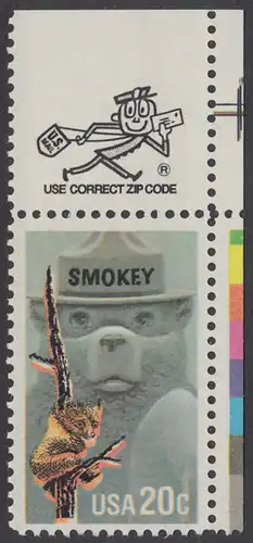 USA Michel 1705 / Scott 2096 postfrisch EINZELMARKE ECKRAND oben rechts m / ZIP-Emblem - Waldbrandverhütung: Smokey Bear, Maskottchen der Kampagne zur Waldbrandverhütung