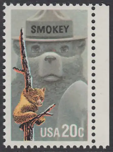 USA Michel 1705 / Scott 2096 postfrisch EINZELMARKE RAND rechts - Waldbrandverhütung: Smokey Bear, Maskottchen der Kampagne zur Waldbrandverhütung
