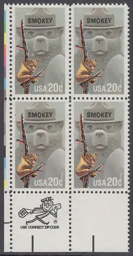 USA Michel 1705 / Scott 2096 postfrisch ZIP-BLOCK (ll) - Waldbrandverhütung: Smokey Bear, Maskottchen der Kampagne zur Waldbrandverhütung