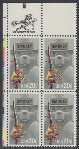 USA Michel 1705 / Scott 2096 postfrisch ZIP-BLOCK (ul) - Waldbrandverhütung: Smokey Bear, Maskottchen der Kampagne zur Waldbrandverhütung