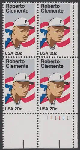 USA Michel 1706 / Scott 2097 postfrisch PLATEBLOCK ECKRAND unten rechts m/ Platten-# 111111 - Sportler: Roberto Clemente (1934-1972), Baseballspieler; Flagge von Puerto Rico
