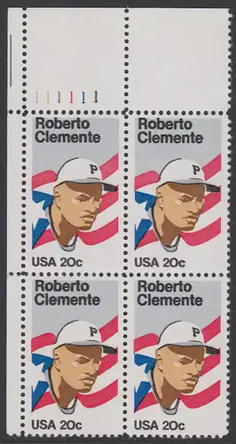 USA Michel 1706 / Scott 2097 postfrisch PLATEBLOCK ECKRAND oben links m/ Platten-# 111111 - Sportler: Roberto Clemente (1934-1972), Baseballspieler; Flagge von Puerto Rico