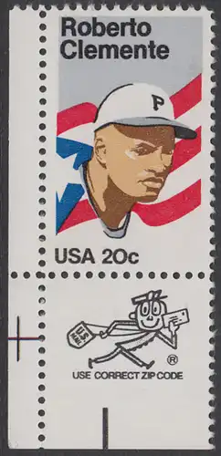 USA Michel 1706 / Scott 2097 postfrisch EINZELMARKE ECKRAND unten links m/ ZIP-Emblem - Sportler: Roberto Clemente (1934-1972), Baseballspieler; Flagge von Puerto Rico