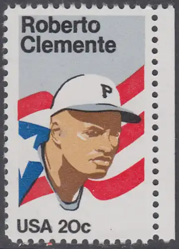 USA Michel 1706 / Scott 2097 postfrisch EINZELMARKE RAND rechts - Sportler: Roberto Clemente (1934-1972), Baseballspieler; Flagge von Puerto Rico