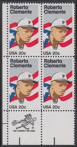 USA Michel 1706 / Scott 2097 postfrisch ZIP-BLOCK (ll) - Sportler: Roberto Clemente (1934-1972), Baseballspieler; Flagge von Puerto Rico
