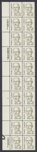 USA Michel 1707 / Scott 1864 postfrisch vert.PLATEBLOCK(20) RÄNDER linkss m/ Platten-# 1 (b) - Amerikanische Persönlichkeiten: Frank C. Laubach (1884-1970), Missionar und Philologe
