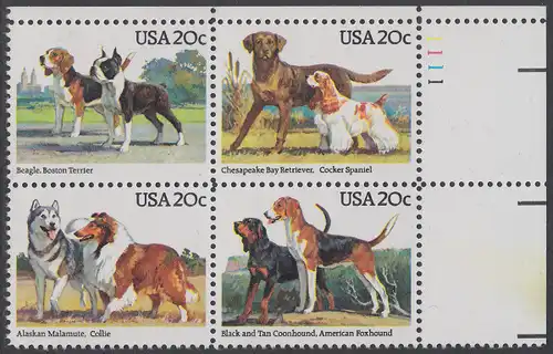 USA Michel 1708-1711 / Scott 2098-2101 postfrisch PLATEBLOCK ECKRAND unten rechts m/ Platten-# 1111 - Hunde