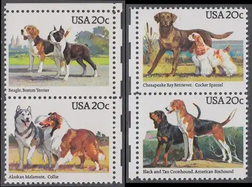 USA Michel 1708-1711 / Scott 2098-2101 postfrisch SATZ(4) EINZELMARKEN RÄNDER - Hunde