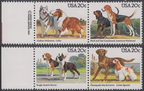 USA Michel 1708-1711 / Scott 2098-2101 postfrisch SATZ(4) EINZELMARKEN RÄNDER m/ copyright symbol - Hunde