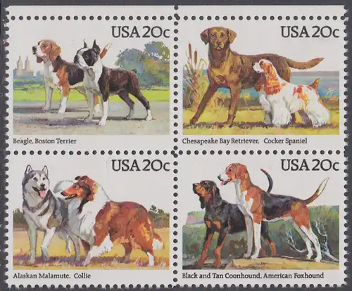 USA Michel 1708-1711 / Scott 2098-2101 postfrisch BLOCK RÄNDER oben - Hunde