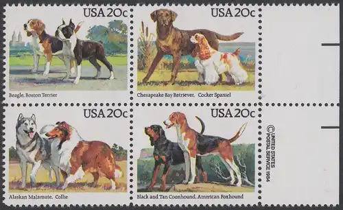 USA Michel 1708-1711 / Scott 2098-2101 postfrisch BLOCK RÄNDER rechts m/ copyright symbol - Hunde