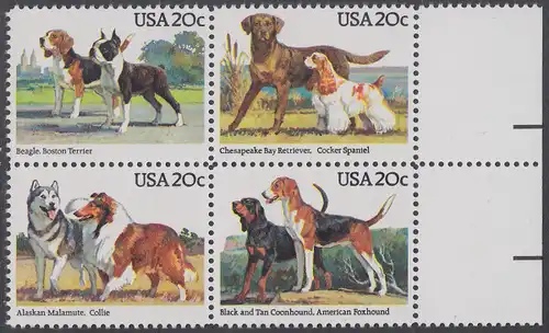 USA Michel 1708-1711 / Scott 2098-2101 postfrisch BLOCK RÄNDER rechts - Hunde