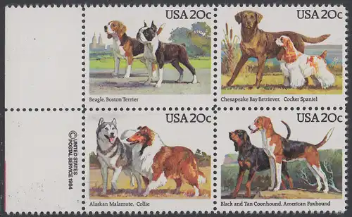 USA Michel 1708-1711 / Scott 2098-2101 postfrisch BLOCK RÄNDER links m/ copyright symbol - Hunde