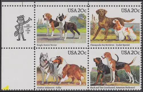 USA Michel 1708-1711 / Scott 2098-2101 postfrisch ZIP-BLOCK (ul) - Hunde