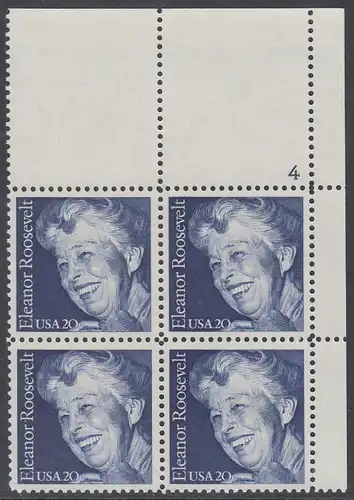USA Michel 1714 / Scott 2105 postfrisch PLATEBLOCK ECKRAND oben rechts m/ Platten-# 4 - 100. Geburtstag von Eleanor Roosevelt, Politikerin