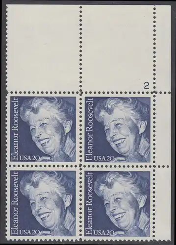 USA Michel 1714 / Scott 2105 postfrisch PLATEBLOCK ECKRAND oben rechts m/ Platten-# 2 - 100. Geburtstag von Eleanor Roosevelt, Politikerin