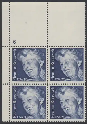 USA Michel 1714 / Scott 2105 postfrisch PLATEBLOCK ECKRAND oben links m/ Platten-# 6 - 100. Geburtstag von Eleanor Roosevelt, Politikerin