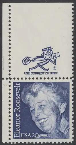USA Michel 1714 / Scott 2105 postfrisch EINZELMARKE ECKRAND oben links m/ ZIP-Emblem - 100. Geburtstag von Eleanor Roosevelt, Politikerin