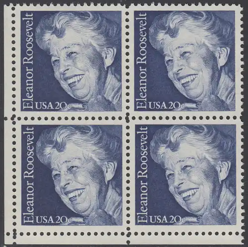 USA Michel 1714 / Scott 2105 postfrisch BLOCK ECKRAND unten linkss - 100. Geburtstag von Eleanor Roosevelt, Politikerin