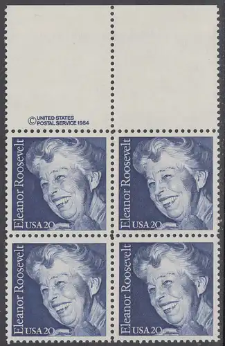 USA Michel 1714 / Scott 2105 postfrisch BLOCK RÄNDER oben m/ copyright symbol - 100. Geburtstag von Eleanor Roosevelt, Politikerin