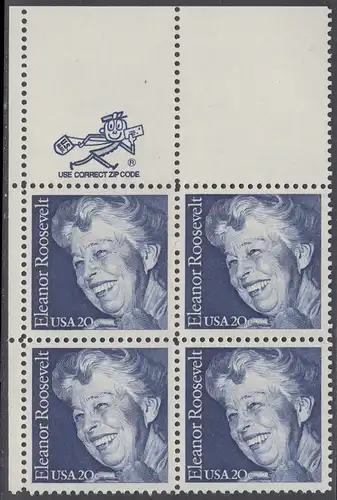 USA Michel 1714 / Scott 2105 postfrisch ZIP-BLOCK (ul) - 100. Geburtstag von Eleanor Roosevelt, Politikerin