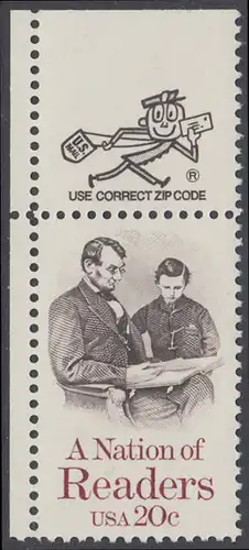 USA Michel 1715 / Scott 2106 postfrisch EINZELMARKE ECKRAND oben links m/ ZIP-Emblem - Lesen: Abraham Lincoln liest seinem Sohn vor