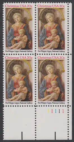 USA Michel 1716 / Scott 2107 postfrisch PLATEBLOCK ECKRAND unten rechts m/ Platten-# 11111 - Weihnachten: Madonna3