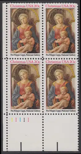 USA Michel 1716 / Scott 2107 postfrisch PLATEBLOCK ECKRAND unten links m/ Platten-# 11111 - Weihnachten: Madonna3