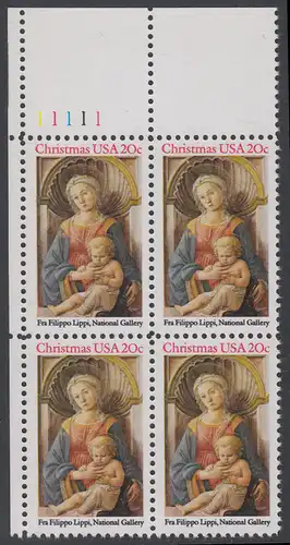 USA Michel 1716 / Scott 2107 postfrisch PLATEBLOCK ECKRAND oben links m/ Platten-# 11111 - Weihnachten: Madonna3