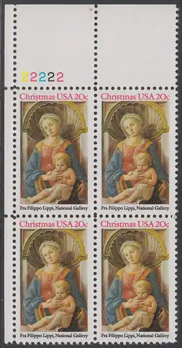 USA Michel 1716 / Scott 2107 postfrisch PLATEBLOCK ECKRAND oben links m/ Platten-# 22222 - Weihnachten: Madonna3