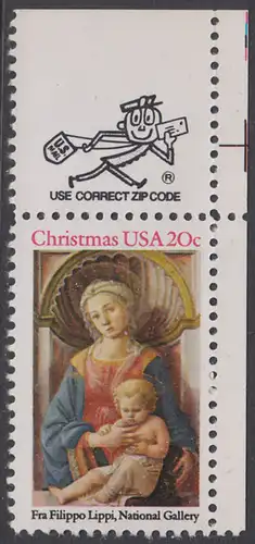 USA Michel 1716 / Scott 2107 postfrisch EINZELMARKE ECKRAND oben rechts m/ ZIP-Emblem - Weihnachten: Madonna3