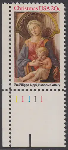 USA Michel 1716 / Scott 2107 postfrisch EINZELMARKE ECKRAND unten links m/ Platten-# 11111 - Weihnachten: Madonna3