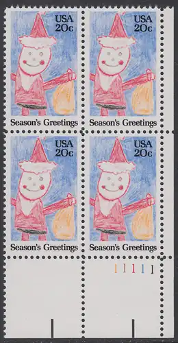 USA Michel 1717 / Scott 2108 postfrisch PLATEBLOCK ECKRAND unten rechts m/ Platten-# 11111 - Weihnachten: Santa Claus