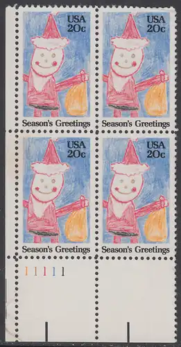 USA Michel 1717 / Scott 2108 postfrisch PLATEBLOCK ECKRAND unten links m/ Platten-# 11111 - Weihnachten: Santa Claus