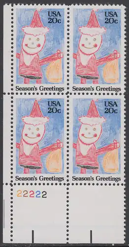 USA Michel 1717 / Scott 2108 postfrisch PLATEBLOCK ECKRAND unten links m/ Platten-# 22222 - Weihnachten: Santa Claus