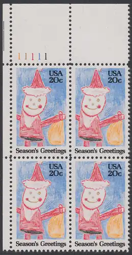 USA Michel 1717 / Scott 2108 postfrisch PLATEBLOCK ECKRAND oben links m/ Platten-# 11111 (a) - Weihnachten: Santa Claus