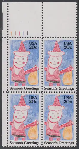 USA Michel 1717 / Scott 2108 postfrisch PLATEBLOCK ECKRAND oben links m/ Platten-# 11111 (b) - Weihnachten: Santa Claus