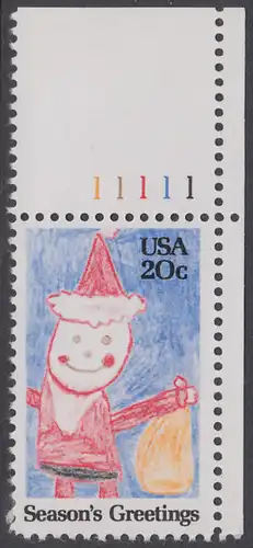 USA Michel 1717 / Scott 2108 postfrisch EINZELMARKE ECKRAND oben rechts m/ Platten-# 11111 - Weihnachten: Santa Claus