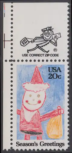 USA Michel 1717 / Scott 2108 postfrisch EINZELMARKE ECKRAND oben links m/ ZIP-Emblem - Weihnachten: Santa Claus
