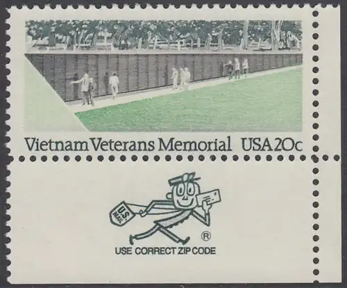 USA Michel 1719 / Scott 2109 postfrisch EINZELMARKE ECKRAND unten rechts m/ ZIP-Emblem - Denkmal für die Gefallenen des Vietnamkriegs, Washington, DC