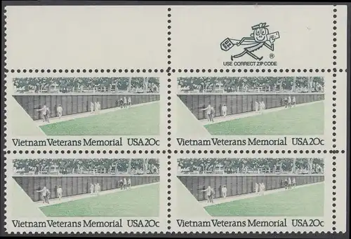 USA Michel 1719 / Scott 2109 postfrisch ZIP-BLOCK (ur) - Denkmal für die Gefallenen des Vietnamkriegs, Washington, DC